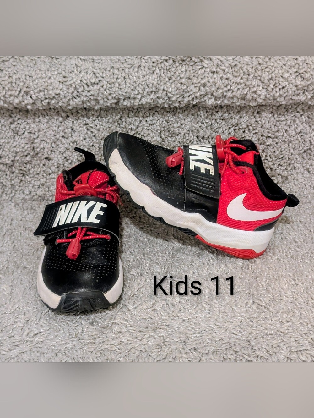 Kids 11 Nike slip on strap no tie adjustable basketball shoes black and red
